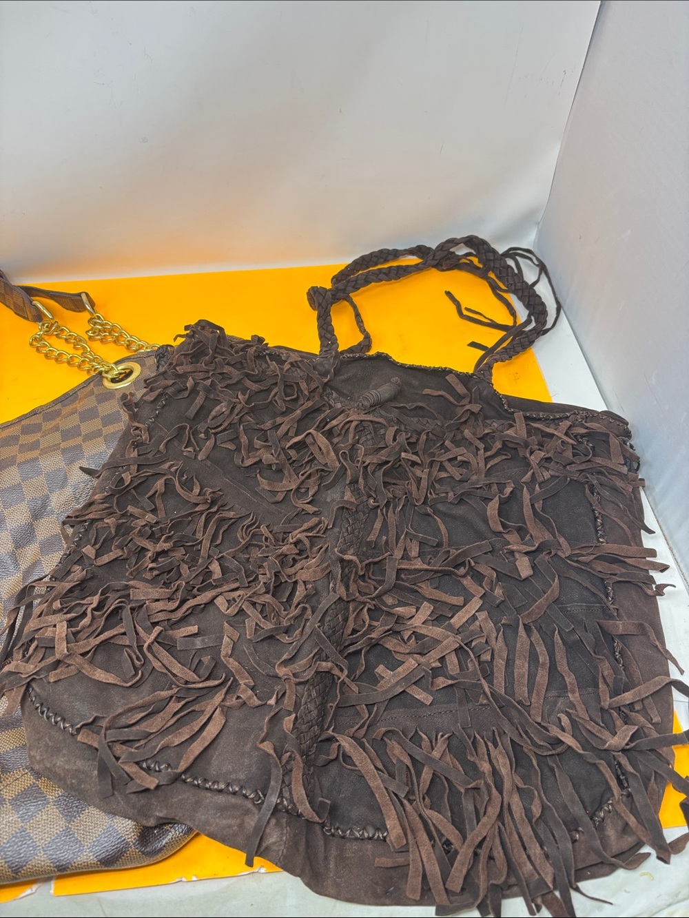 Brown Fringe Tote Bag - Women and free large bag with gold chain handles